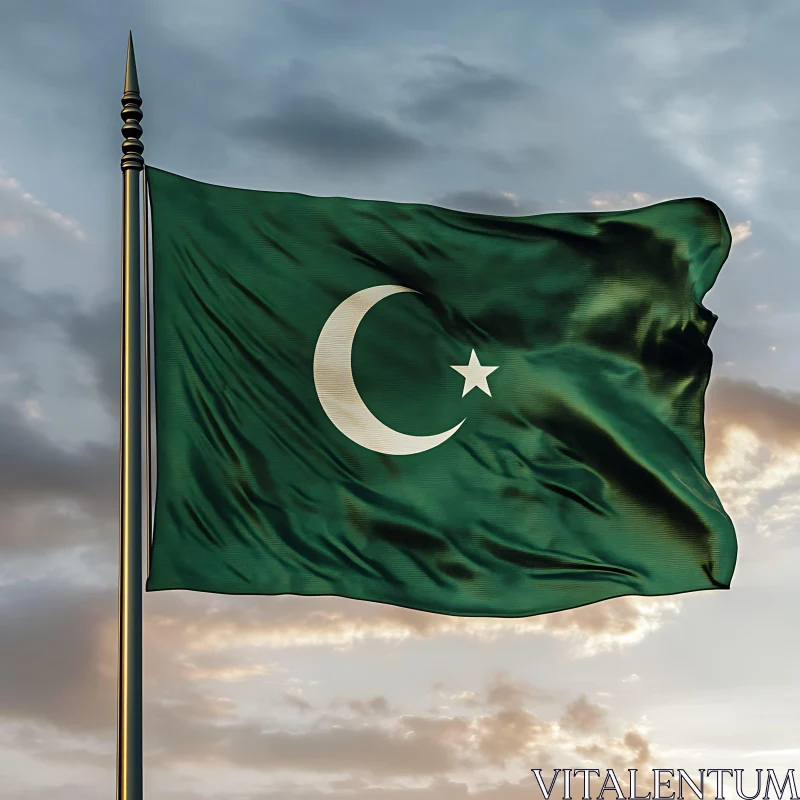 Flag with Islamic Symbol on Cloudy Sky AI Image