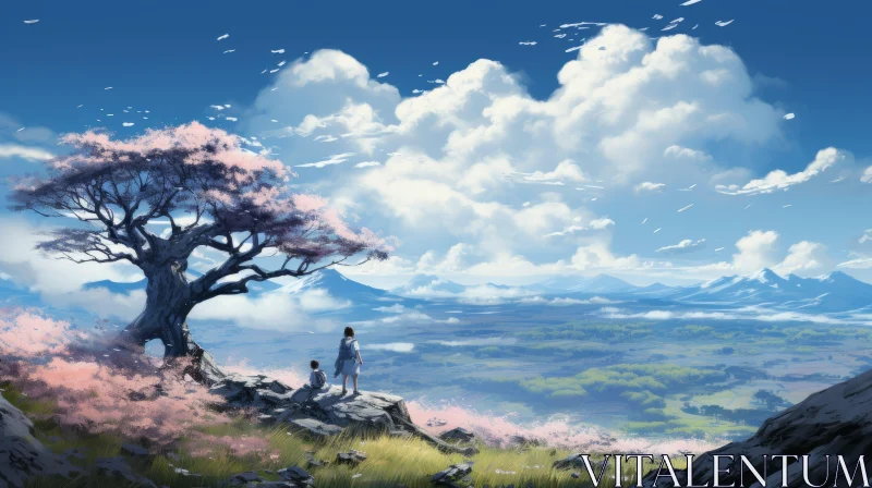 Anime Art Style - Two People in a Mountain Landscape under the Sun AI Image