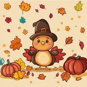 Cartoon Bird Celebrating Thanksgiving with Pumpkins