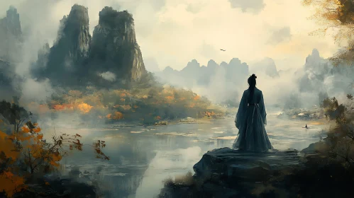 Misty Lake and Mountain Contemplation Scene