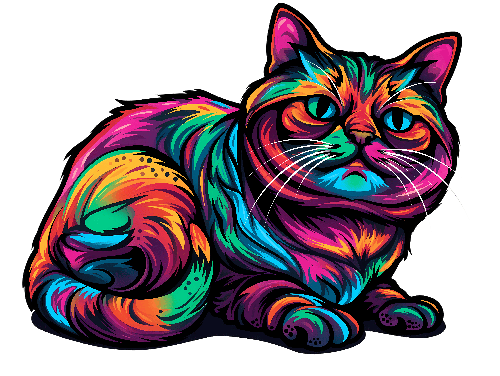 POD Design Digital Artwork of a Rainbow Furred Cat on a Solid Background