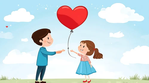 Cartoon Children with Red Heart Balloon