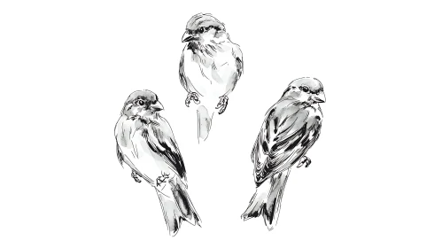 Three Sparrows on White Background