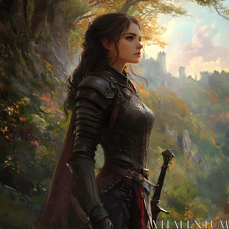 AI ART Armored Woman Gazing at Distant Castle