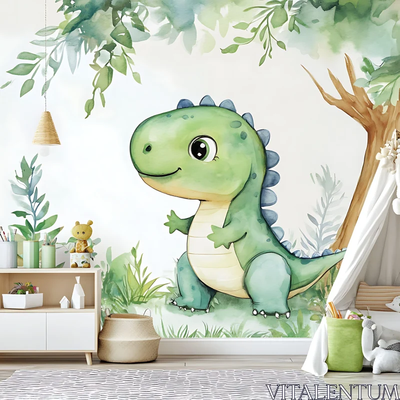 Cute Green Dinosaur Wall Art for Kids Room AI Image