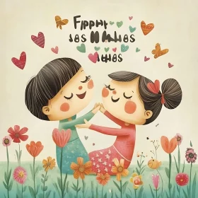 Cartoon Kids Surrounded by Hearts and Flowers