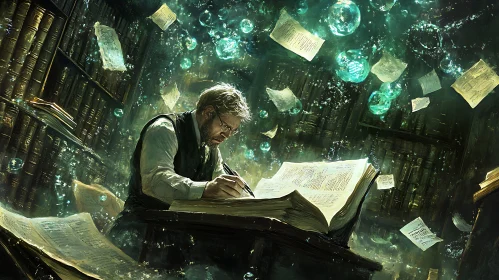 Man Writing in Magical Library