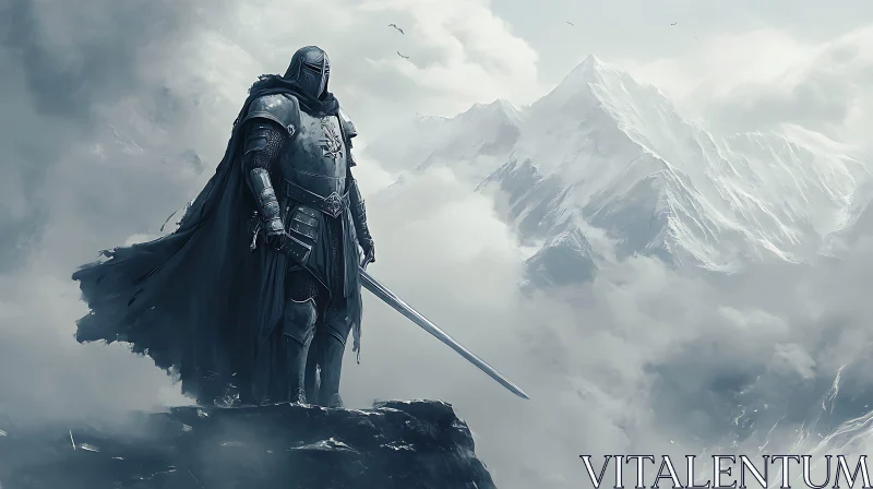 AI ART Lone Knight Overlooking Misty Mountains