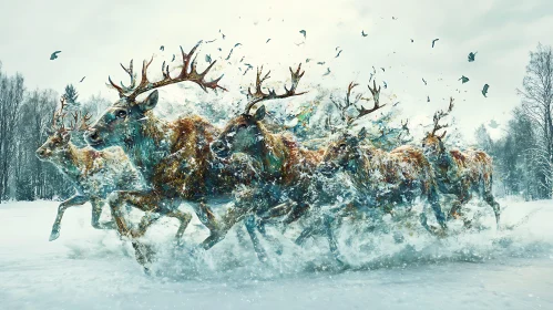 Wild Reindeer Sprinting in Winter Landscape