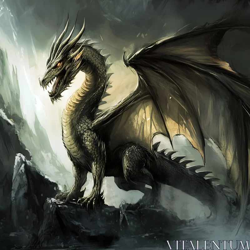 Fantasy Dragon on Mountain Ledge AI Image