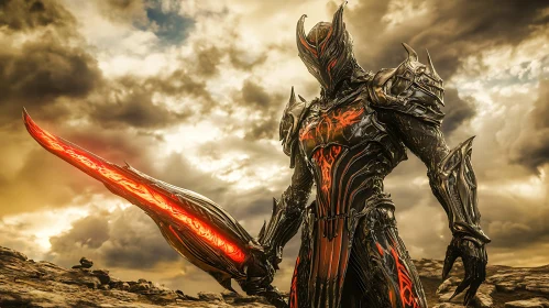 Warrior in Armor with Glowing Blade