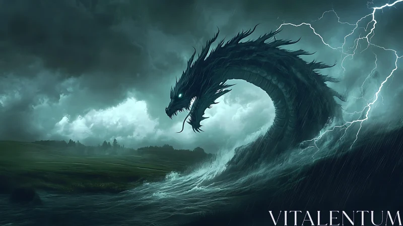 Sea Dragon Rising Amidst Lightning Storm AI Image