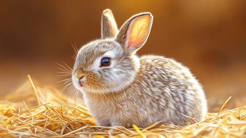 Adorable Bunny on Hay Bed
