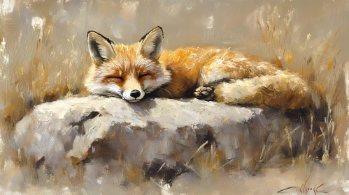 Peaceful Fox on Rock Painting