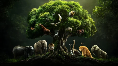 Diverse Wildlife Thriving Around a Majestic Tree