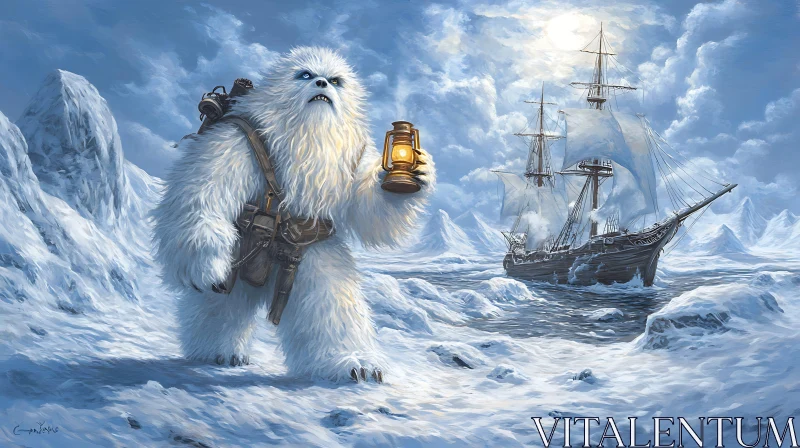 AI ART Snow Creature and Distant Ship