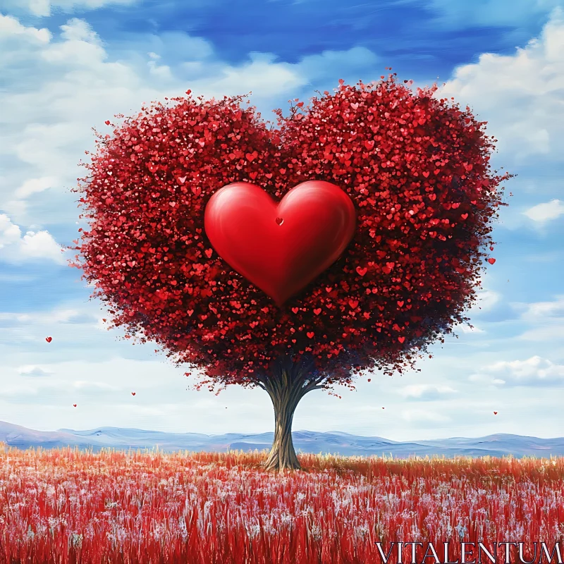 AI ART A Heart Tree in a Red Field