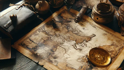 Antique Map with Compass and Book