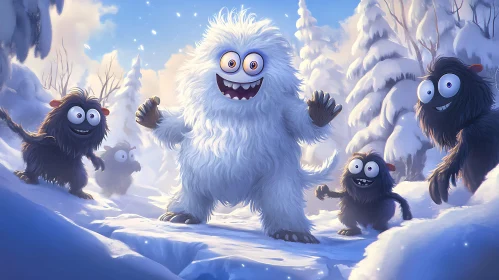 Cartoon Monsters Playing in the Snow