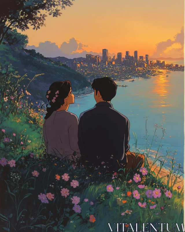 AI ART Couple enjoying sunset cityscape view