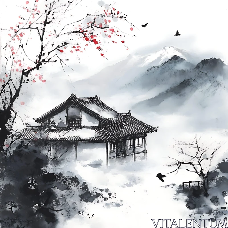 Misty Mountain Retreat Ink Artwork AI Image