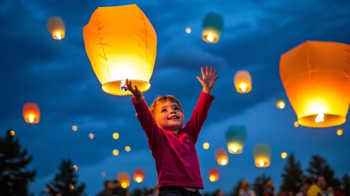 Child's Lantern Release at Night