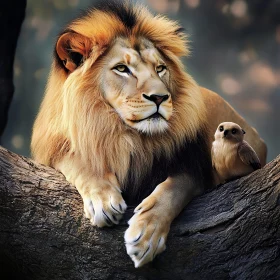 Lion and Owl on a Tree Branch