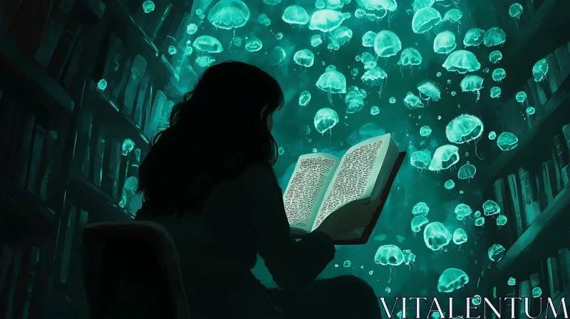 AI ART Luminous Book in Jellyfish Library