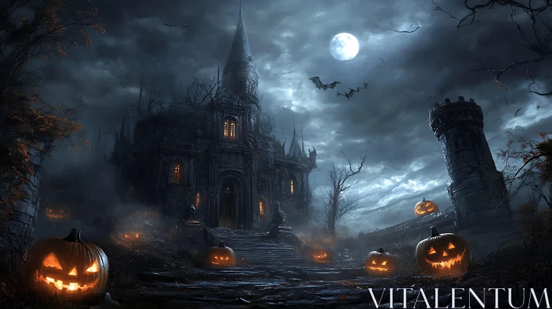 Spooky Castle with Pumpkins AI Image