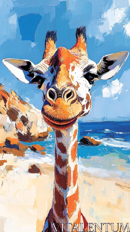 Colorful Giraffe Beach Scene AI Image