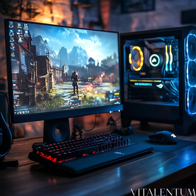 Gaming PC with RGB Lights and Medieval Game Display AI Image