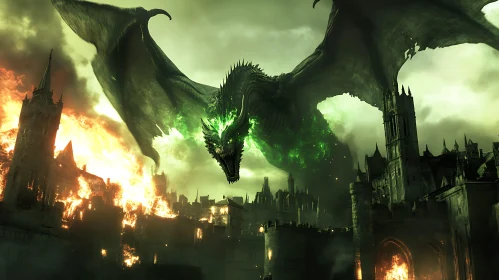 Emerald Dragon Over Burning Ruins