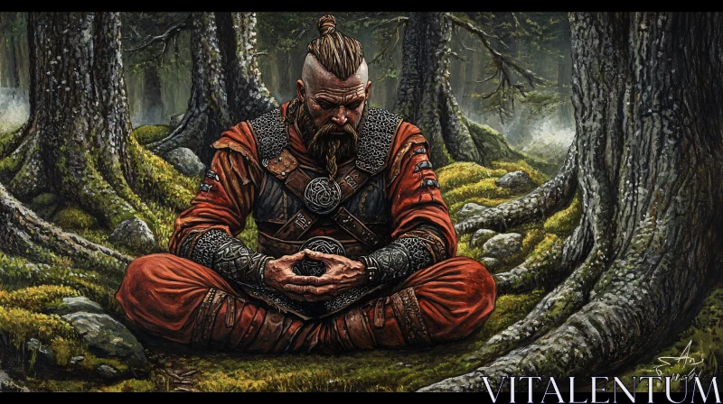 Forest Warrior in Tranquil Meditation AI Image