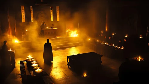 Dimly Lit Monks in Temple with Candles