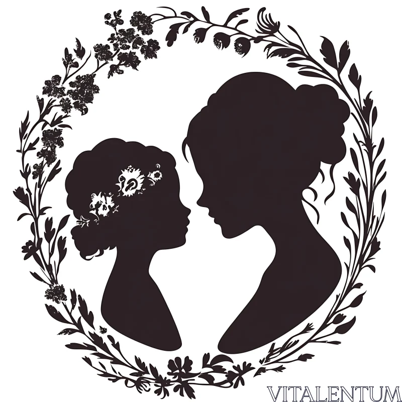 AI ART Floral Wreath Silhouette: Mother and Child