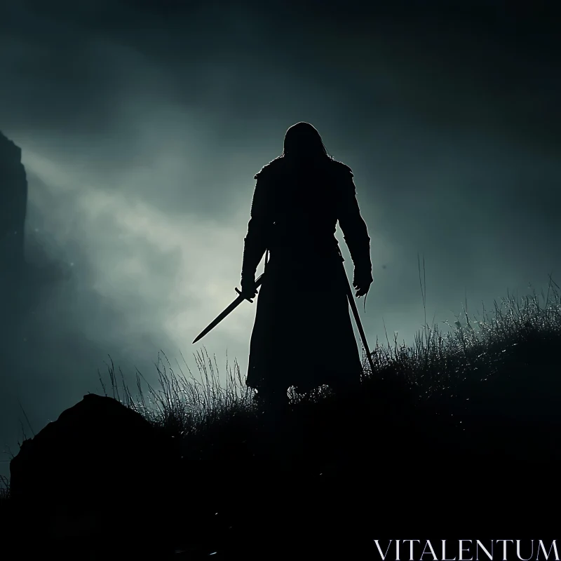 Shadowed Swordsman in Misty Landscape AI Image