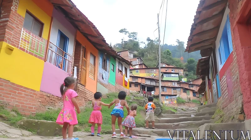 Kids on a Street with Painted Houses AI Image