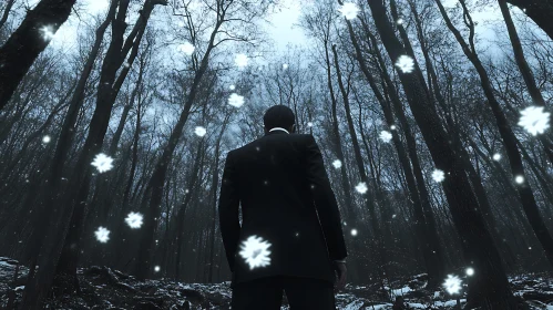 Winter Forest with a Man in Suit