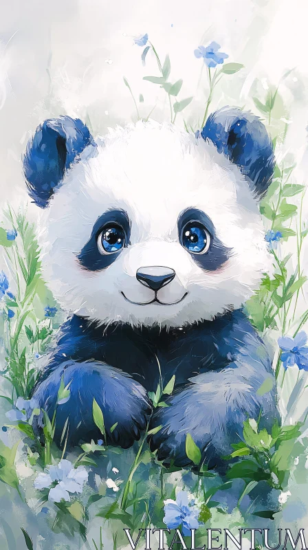 Cute Panda with Blue Flowers AI Image