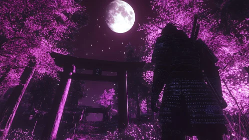 Moonlit Samurai at Torii Gate