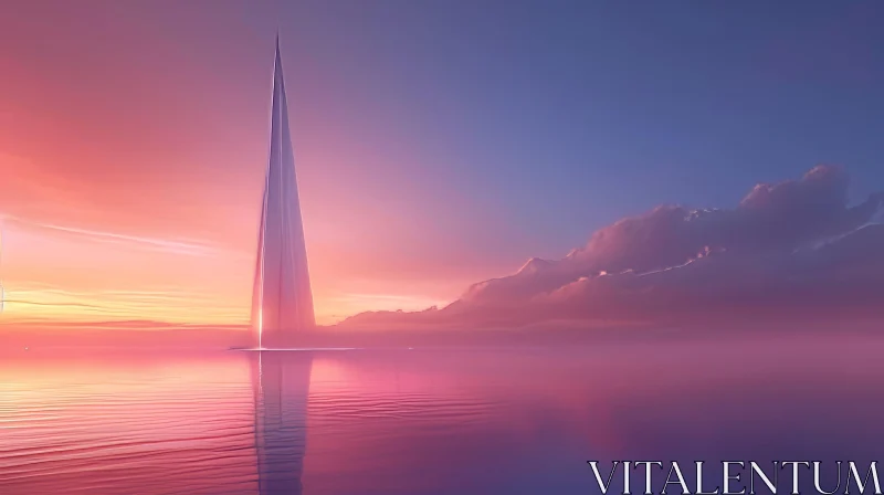 Futuristic Tower at Sunset in a Blue Lake | Minimalist Art AI Image