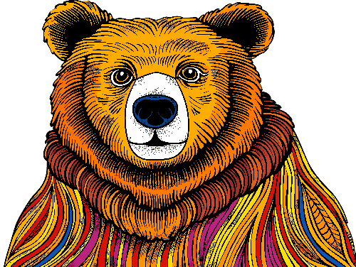 Illustrated Bear with Colorful Scarf on Green Background POD Design