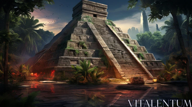 Intricate Digital Art of Aztec Pyramid in Jungle AI Image