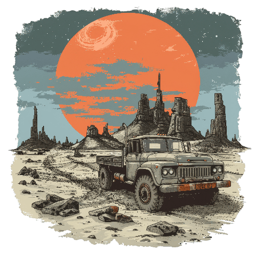 Olive Green Retro Truck in Desert Canyon under Dual Moons POD Design