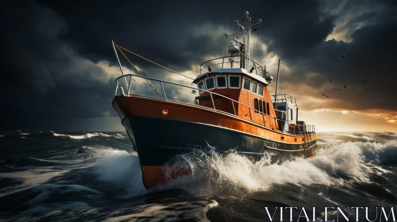Powerful Fishing Boat Battling Rough Waters | Photorealistic Art AI Image
