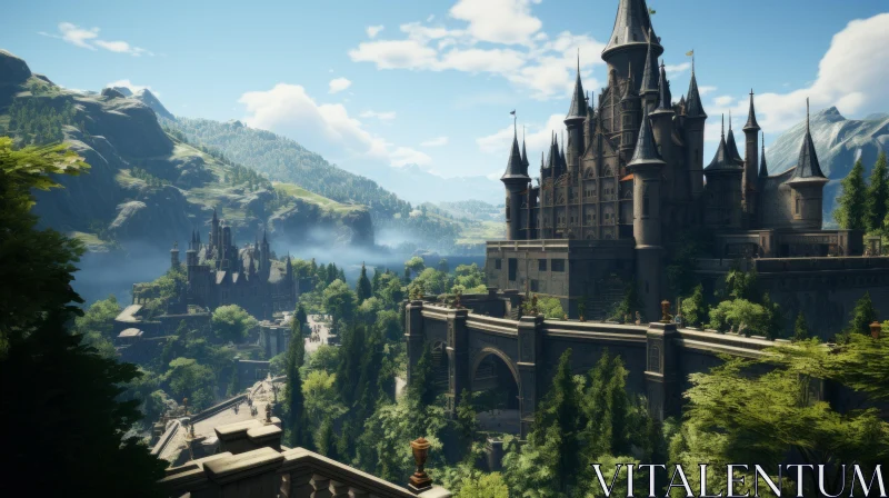 Serenity in Stone: Majestic Castle Amidst Mountains AI Image
