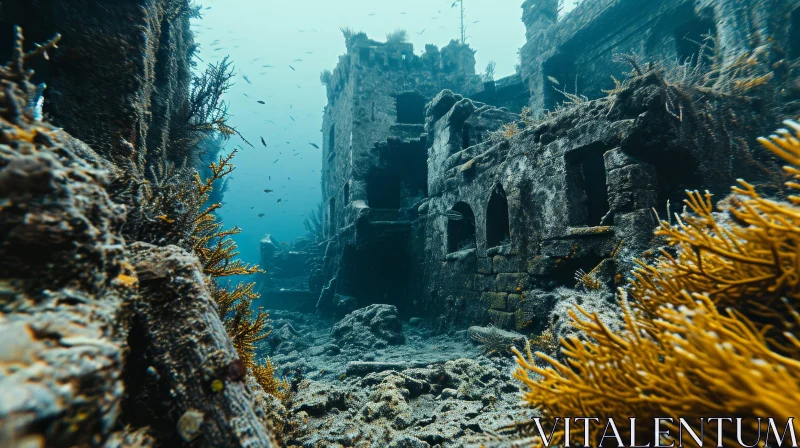 Underwater View of a Partially Collapsed Stone Building AI Image