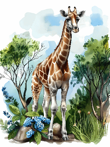 POD Design Watercolor Giraffe in Forest Clearing - Whimsical Art Design