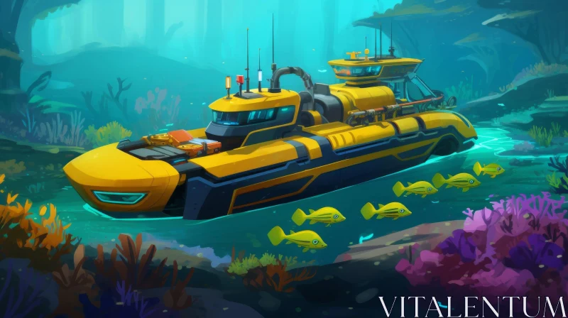 Yellow Submarine Gliding Through the Ocean - Cartoon Art AI Image