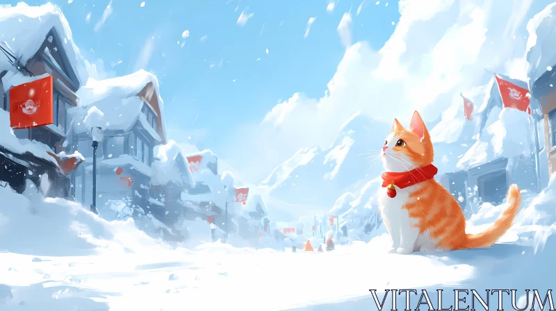 Winter Cat with Red Scarf AI Image